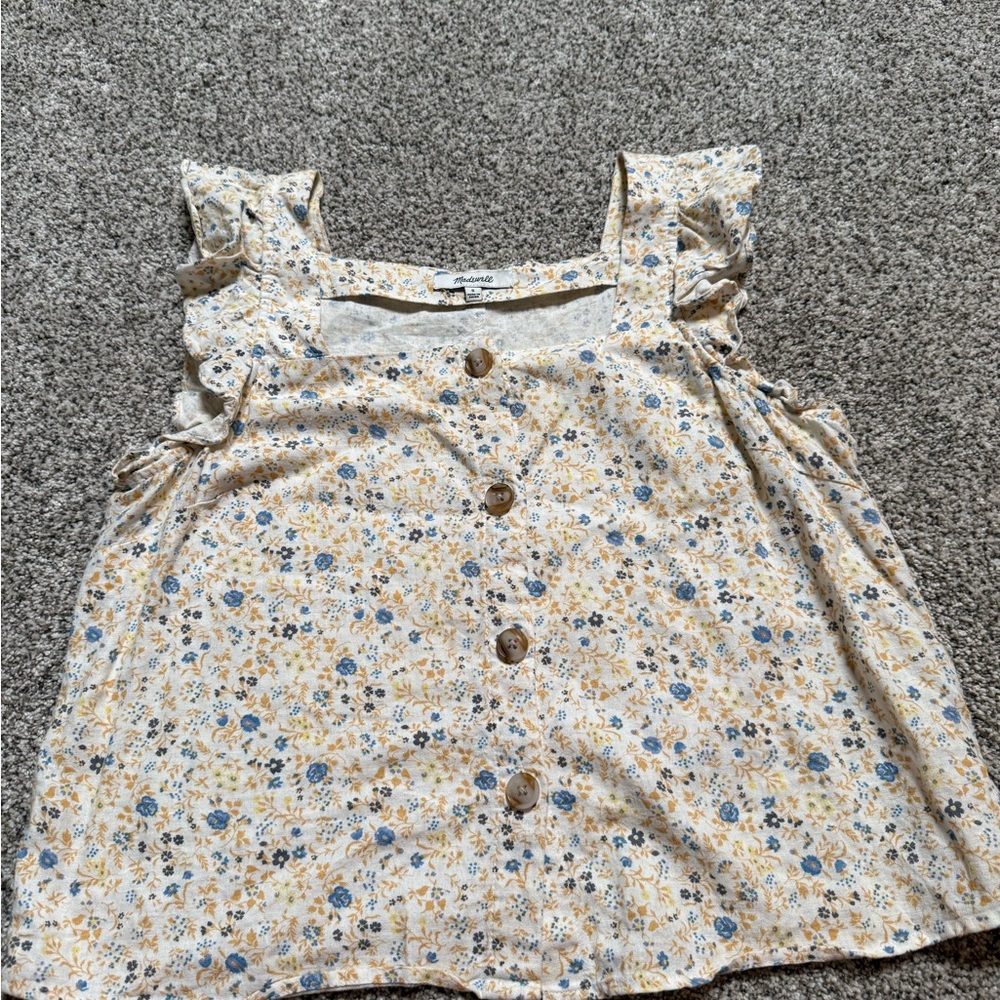 Madewell Floral Button-Front Tank Top - Cream and Blue